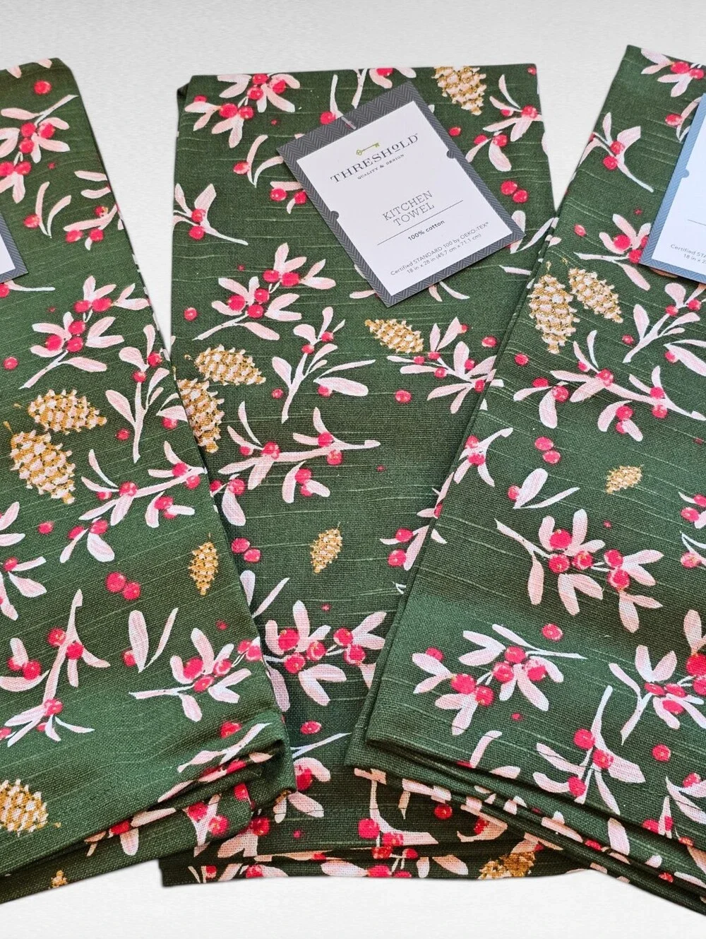 Threshold 3 Pack Cotton Kitchen Towel Green With Winter Berries
